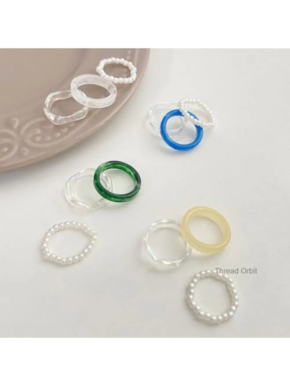 Stackable Acrylic & Pearl Ring Set - 3 Piece Minimalist Vintage Rings